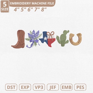 May include: An embroidery machine file with a Western theme. The design includes a brown cowboy boot, a bouquet of purple flowers, a Texas flag, a cactus, and a horseshoe. The file sizes are 4", 5", 6", 7", and 8".