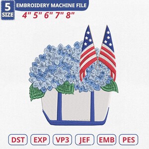 May include: An embroidery machine file design featuring a white tote bag filled with blue hydrangea flowers and two American flags. The design includes the text "EMBROIDERY MACHINE FILE" and sizes from 4" to 8". File formats include DST, EXP, VP3, JEF, EMB, and PES.