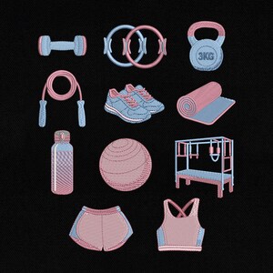 May include: An embroidered illustration of fitness equipment in pink and blue. The image includes a dumbbell, resistance rings, a kettlebell (3KG), a jump rope, sneakers, a yoga mat, a water bottle, a medicine ball, a workout bench, shorts, and a sports bra.