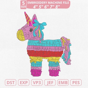 May include: A colorful embroidery machine file featuring a unicorn piñata design. The design includes a pink body, a yellow and orange horn, and a blue bow. The file is available in 5 sizes, ranging from 4 to 8 inches.