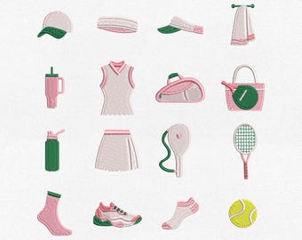 May include: An embroidery machine file with various tennis-themed designs. The image includes a cap, headband, visor, towel, water bottle, tennis bag, skirt, racket, socks, shoes, and a tennis ball. The text reads "4 EMBROIDERY MACHINE FILE SIZE 2" 3" 4" 5" and file types.