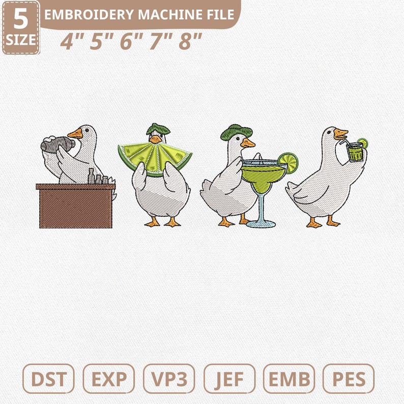 Puede incluir: Archivo de m&aacute;quina de bordar con cuatro gansos de dibujos animados con bebidas. Un ganso est&aacute; detr&aacute;s de una barra, otro lleva un sombrero de lima, y otros dos sostienen c&oacute;cteles. El texto "EMBROIDERY MACHINE FILE" y los tama&ntilde;os de 10,16 cm a 20,32 cm se muestran.