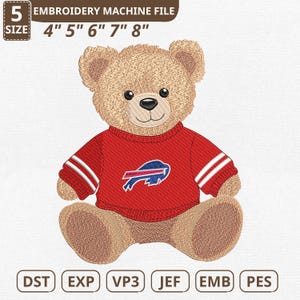 May include: An embroidery machine file featuring a teddy bear wearing a red sweater with a blue and white logo. The file sizes are 4", 5", 6", 7", and 8". The file formats include DST, EXP, VP3, JEF, EMB, and PES.