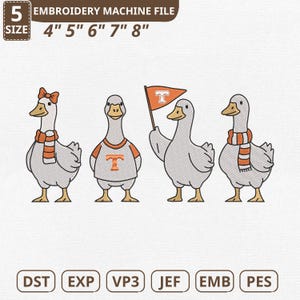 Pode incluir: Um arquivo de máquina de bordar com quatro gansos de desenho animado. Um ganso usa um laço, outro uma camisa com um "T", outro segura uma bandeira com um "T" e o último usa um cachecol. Os tamanhos dos arquivos são 10.16cm, 12.7cm, 15.24cm, 17.78cm e 20.32cm.