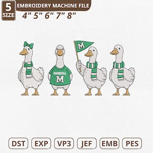 May include: An embroidery machine file featuring four cartoon geese. Each goose has a unique accessory: a bow, a shirt with "MARSHALL M", a flag with "M", and a scarf. The file sizes are 4", 5", 6", 7", and 8". The file formats are DST, EXP, VP3, JEF, EMB, and PES.