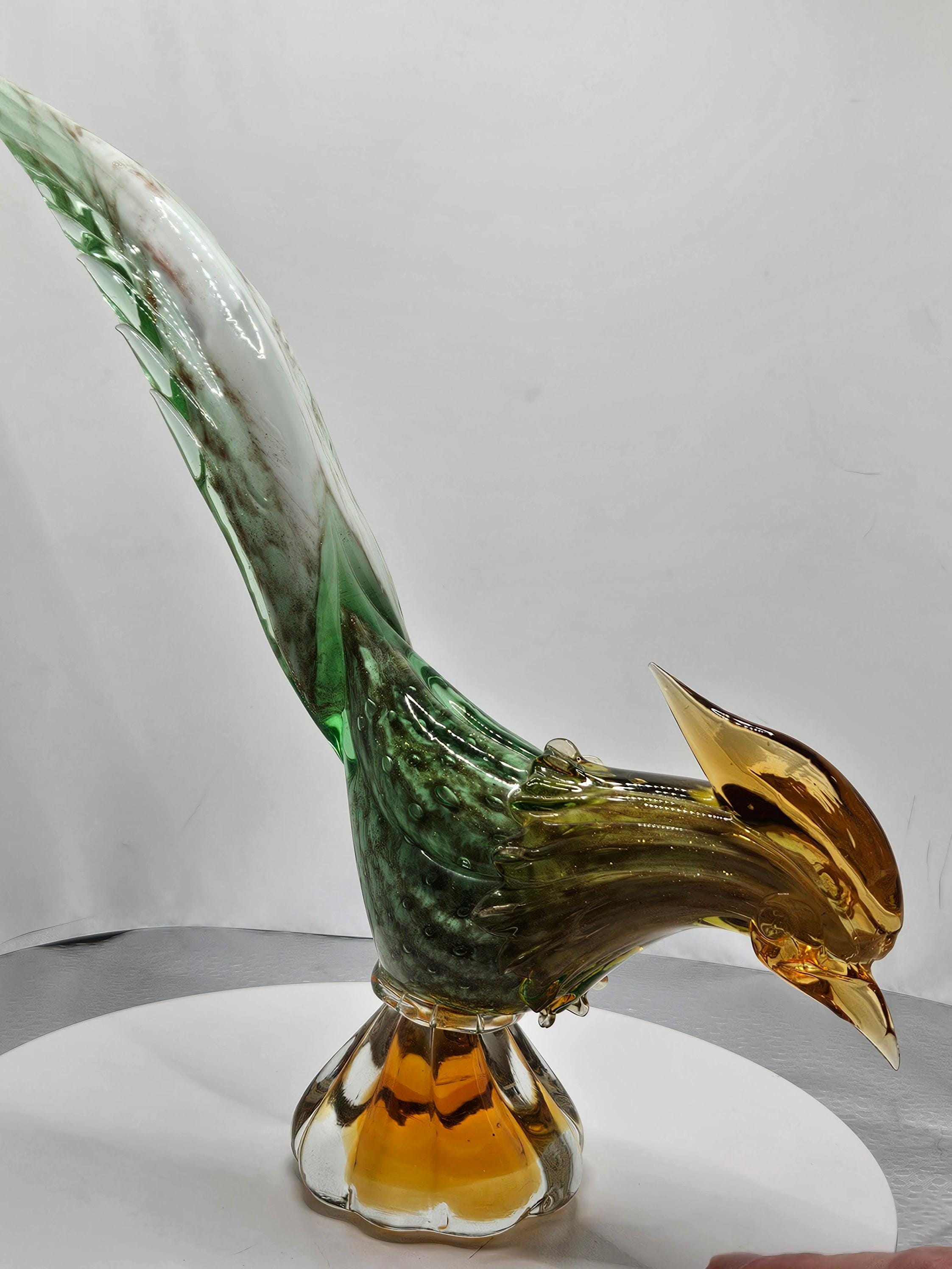 Handblown Murano Bullicante Glass Pheasant Statue: MCM Art Glass Figurine