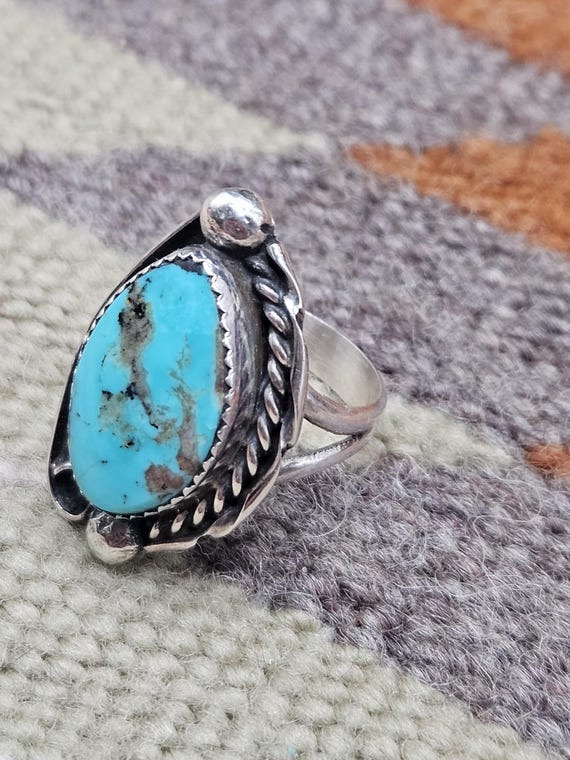 Fabulous Native American Navajo Morenci Turquoise Sterling Silver Toad Ring Fabulous Native American Navajo Morenci Turquoise Sterling Silver Toad Ring