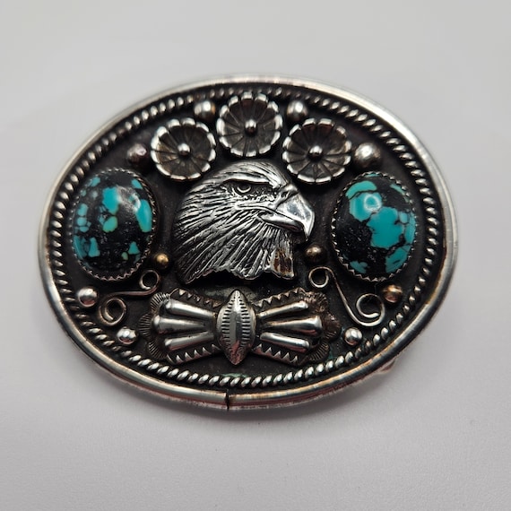Amaing Vintage Native American Navajo Kingman Turquoise Coral Sterling Silver Eagle Huge Buckle Amaing Vintage Native American Navajo Kingman Turquoise Coral Sterling Silver Eagle Huge Buckle
