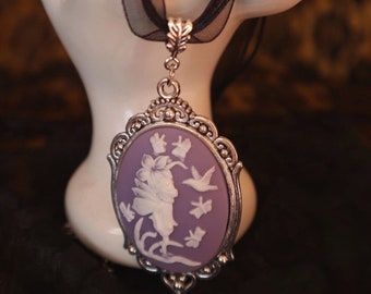 Whimsical Purple and White Fairy Cameo Pendant Necklace