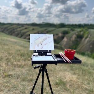 Zwarte Pochade-doos en schildersezel voor schilder Plein Air of Studio met verwijderbaar olieverfpalet. Verjaardagscadeau voor my.