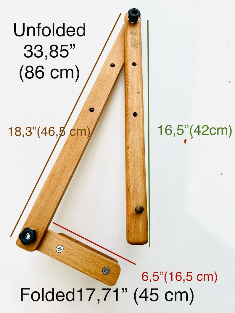 Wooden foldable Mahl stick , unfolded measures 33.85' (86cm) and folded measures 17.71' (45cm).  When unfolded, the height is 18.3' (46.5cm) and the width is 16.5' (42cm). Folded dimensions are 6.5' (16.5cm) in width.  The light brown wooden Mahlstick has small knobs and holes for adjustments.  Ideal for artists and crafters.