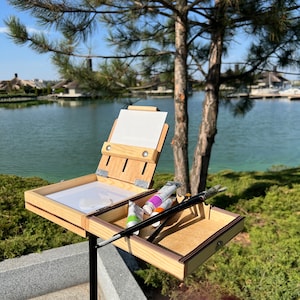 Houten reisdoos schildersezel draagtas aquarel olieverfschilderij, gepersonaliseerd handgemaakt cadeau voor hem/voor plein air voor olie of acryl