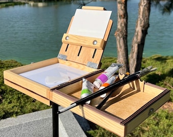 Portable Wooden Pochade Box for Plein Air Painting with Tripod Mount, Folding Artist Palette