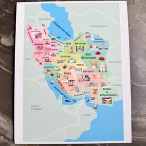 May include: A colorful map of Iran, featuring various regions and cities. The map includes illustrations of landmarks and cultural symbols, with labels in multiple languages. The Persian Gulf and Caspian Sea are also depicted.