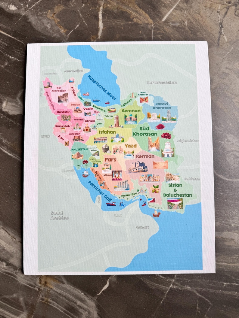 May include: A colorful map of Iran, featuring various regions and cities. The map includes illustrations of landmarks and cultural symbols, with labels in multiple languages. The Persian Gulf and Caspian Sea are also depicted.