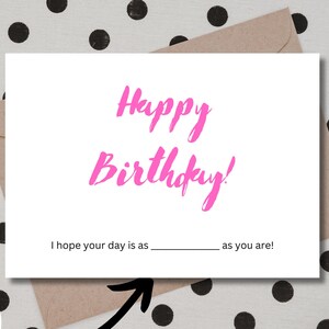 Tarjeta de cumpleaños rosa imprimible para rellenar en blanco, imprimir en casa, descarga instantánea, descarga digital