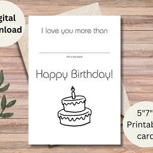 Tarjeta de cumpleaños imprimible para llenar en blanco con pastel, descarga instantánea en color, tarjeta de felicitación digital, imprimir en casa, tarjeta de feliz cumpleaños