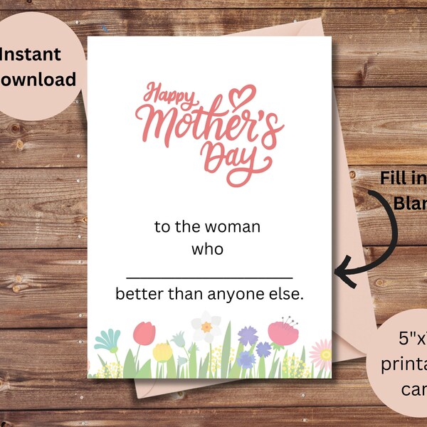 Fill-in-the-Blank Greeting Card Mother's Day Card with Flowers, Instant Download, Printable Card for Mom, Print at Home