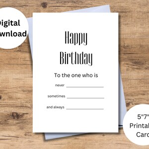 Tarjeta de cumpleaños imprimible de descarga instantánea para completar en blanco, tarjeta de felicitación de impresión simple en casa para un amigo, tarjeta para ella, tarjeta para él