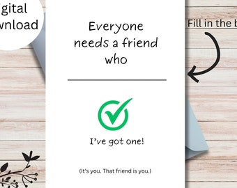 Printable Fill-in-the-Blank Friendship Greeting Card, Digital Card, Print at Home, Instant Download