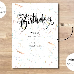 Tarjeta de cumpleaños imprimible con espacios en blanco para completar con confeti, descarga instantánea, para imprimir en casa, tarjeta para él, tarjeta para ella, tarjeta de regalo de cumpleaños