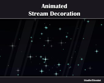 Puede incluir: Decoración animada de transmisión con fondo negro y rayas blancas. La decoración presenta una dispersión de pequeñas estrellas azules brillantes.