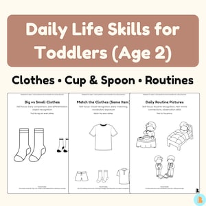 Puede incluir: Imprimibles educativos para niños pequeños de 2 años, centrados en las habilidades de la vida diaria. La imagen presenta tres hojas de actividades: "Ropa grande vs. pequeña", "Combina la ropa" y "Imágenes de rutina diaria".