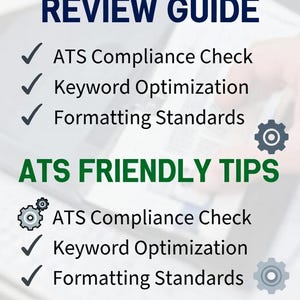 Puede incluir: Gráfico digital con el texto "RESUME REVIEW GUIDE" en azul marino. La guía destaca el cumplimiento de ATS, la optimización de palabras clave y los estándares de formato. También incluye "ATS FRIENDLY TIPS" y un botón "DOWNLOAD NOW".