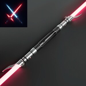 May include: A silver lightsaber with a red blade. The lightsaber has a black grip and a silver handle.