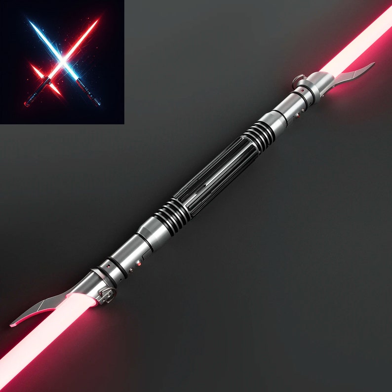 May include: A silver lightsaber with a red blade. The lightsaber has a black grip and a silver handle.