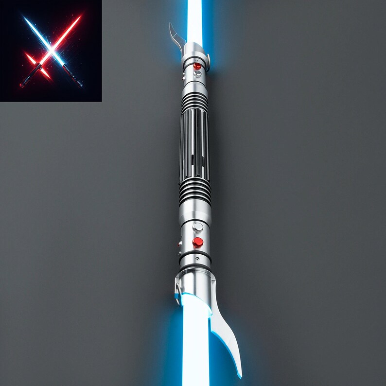 May include: A silver lightsaber with a blue blade. The lightsaber has a black handle with red buttons and a silver hilt.