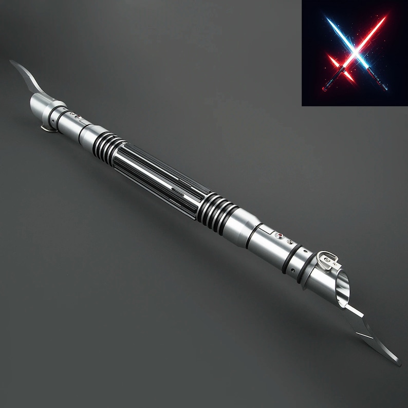 May include: A silver lightsaber with black accents and a red and blue light saber blade. The lightsaber is a popular prop from the Star Wars franchise.