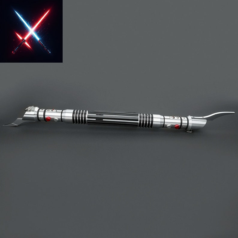 May include: A black and silver lightsaber with red and silver accents. The lightsaber has a black handle and a silver blade. The blade is lit up with a red glow.