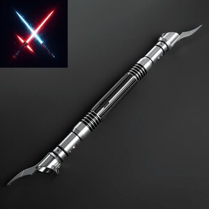 May include: A silver lightsaber with a black handle and a curved blade. The blade is designed to look like a double-edged sword.