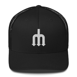 May include: Black trucker hat with a white embroidered trident logo on the front. The hat features a mesh back and a curved brim. The logo is a stylized trident with three prongs and downward-pointing arrows.