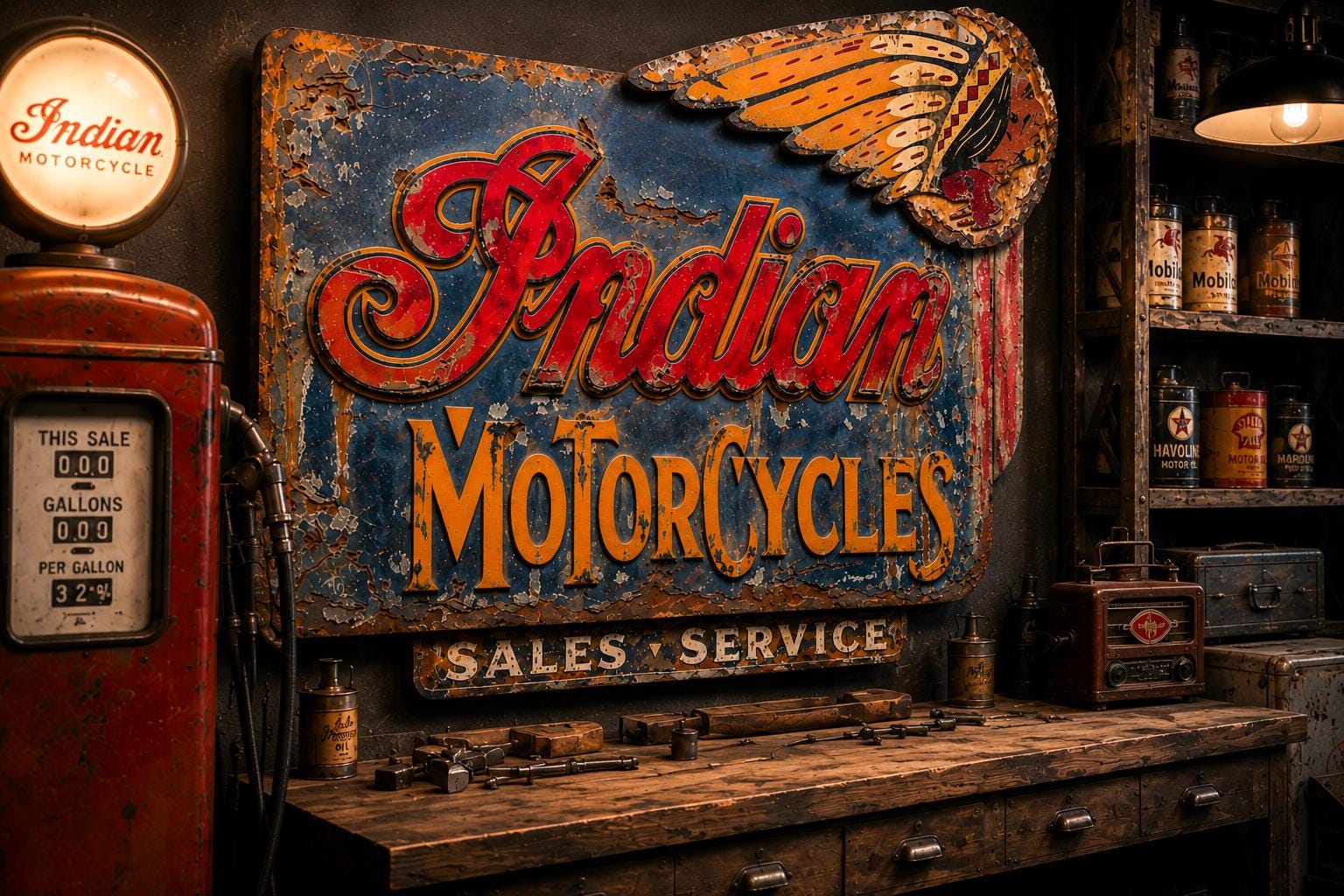 インテリア木製看板INDIANMOTORCYCLE検)アドバタイジング50s Large Indian Motorcycle Vintage Sign | Handmade Rustic Garage Wall