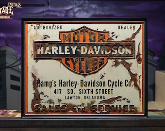Vintage Harley-Davidson bord uit de jaren 30 - Authenticiteit, oxidatie en reliëf - Bardecoratie - Industriële decoratie - Garagedecoratie