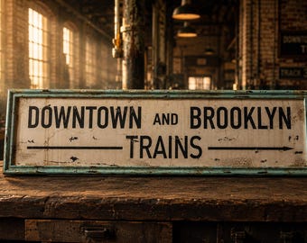 Vintage New Yorkse metrobord – Treinen in Downtown Brooklyn – Handgemaakte industriële wanddecoratie – Treinstationbord in New York – Groot vintage wandkunstwerk