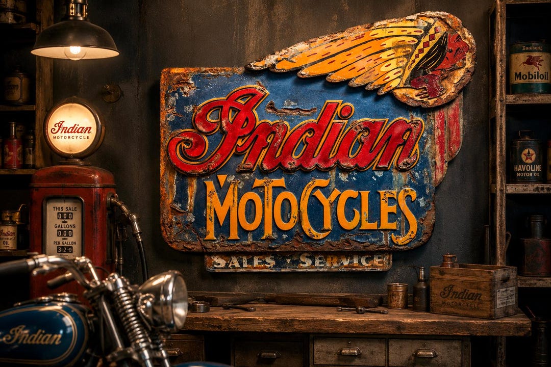 Large Indian Motorcycle Vintage Sign | Handmade Rustic Garage Wall