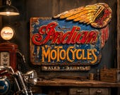 Large Indian Motorcycle Vintage Sign | Handmade Rustic Garage Wall