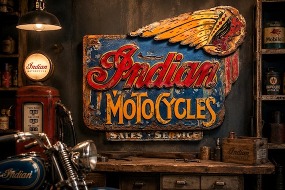 Large Indian Motorcycle Vintage Sign | Handmade Rustic Garage Wall