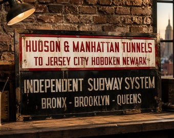 Vintage New Yorkse metrobord – Muurdecoratie met het Hudson & Manhattan metrostation – Handgemaakte industriële loftdecoratie – Groot NYC openbaarvervoersbord