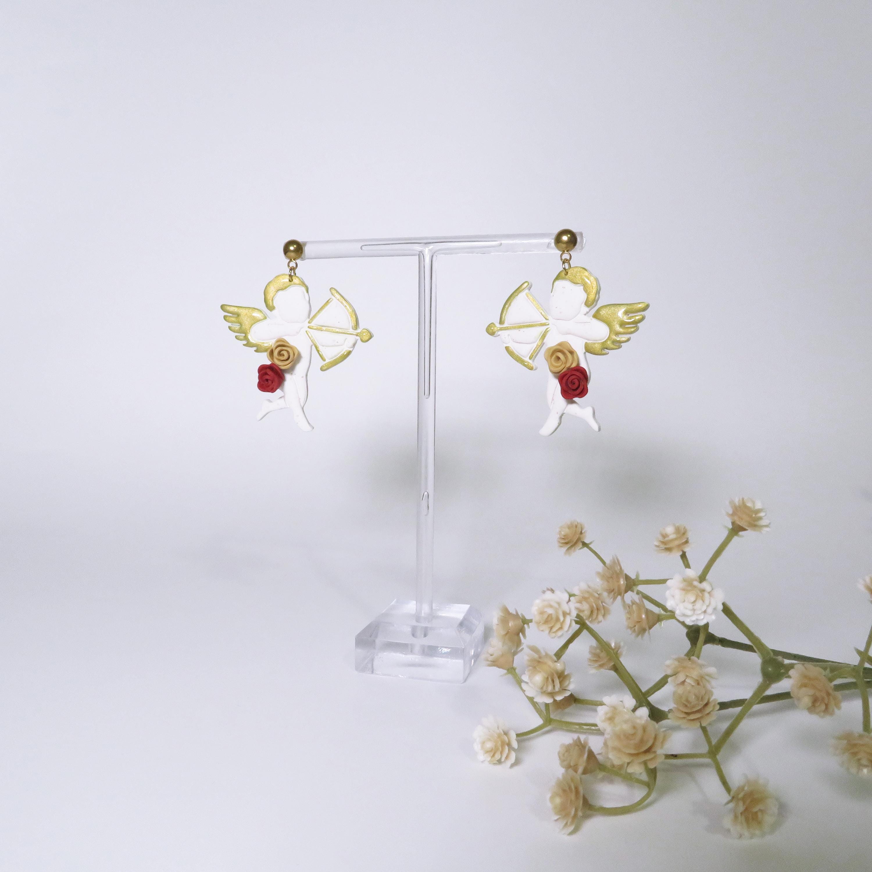 Boucles D'oreilles Clips Cupidon Ange Vitrail - Métal Argenté Et Résine - Occasion