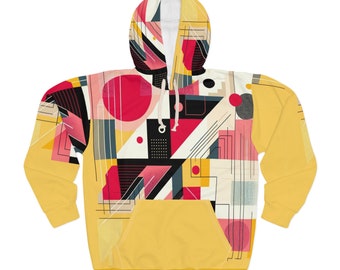 May include: A yellow hoodie with a geometric design. The design features red circles, black rectangles, and lines on a white and yellow background. The hoodie has a front pocket and a drawstring hood.