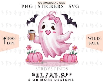 Pink Halloween, Spooky Cute Ghost, Halloween Sublimation Design, Coquette Pink, Pumpkin Halloween PNG, Halloween Clipart, SVG, PNG, Stickers