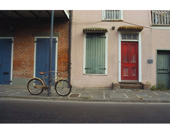 New Orleans French Quarter Photography, Color Photo Print, Architecture, Bicycle, Red, Door, Wall Art, Home Decor, NOLA, Louisiana, Rustic