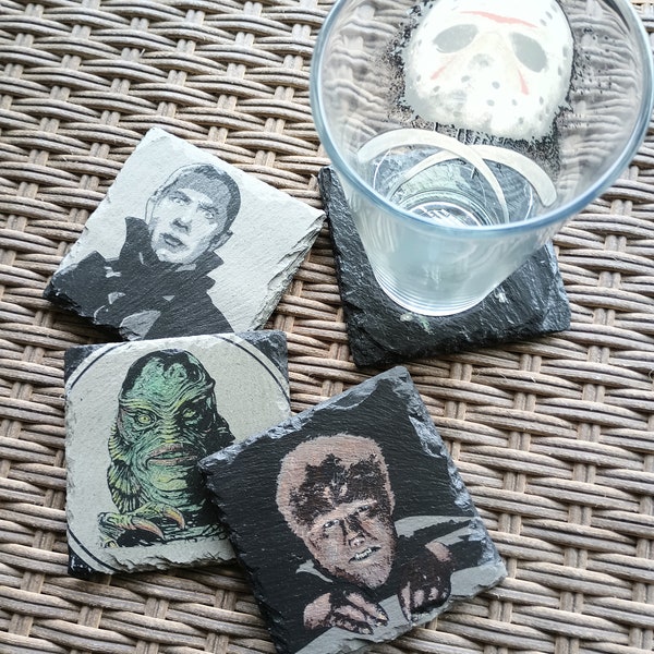 Colored Slate Monster Movie Coasters - hand colored and sealed - made to order.