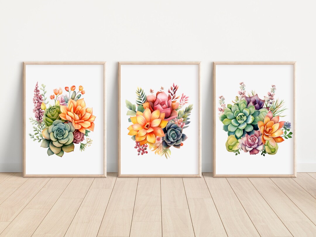 Orange Succulent Plant Wall Art Prints Set of 3 Watercolor Succulent ...