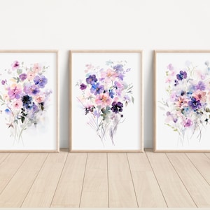 Violet Flower Art Prints Set of 3 Watercolor Violet Flower Flower Prints Violet Flower Artwork Violet Floral Wall Decor Violet Flower Art