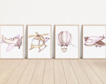 Pink Airplane Nursery Prints Set of 4 Watercolor Airplane Wall Art Print Pink Airplane Girl Nursery Decor Airplane Artwork Airplane Printing